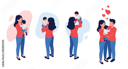Isometric illustrations portraying a mother's loving interactions with her baby, evolving into a tender family moment with both parents.