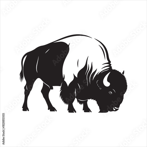 Powerful Black and White Bison Grazing Vector Illustration | American Buffalo Silhouette for Logo and Wildlife Graphic Design | Monochrome Wild Animal