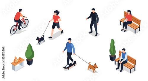 Isometric view of people enjoying leisure and recreational activities outdoors, such as biking, walking dogs, skateboarding, and sitting.