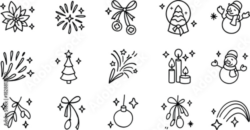 WebSet of handwriting Happy New Year and Merry Christmas decorations. Cute line doodle hand drawn black and white vector art