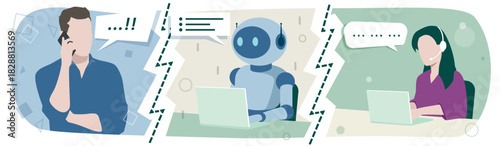 Man making a call and being answered by a robot or artificial intelligence (AI). Then connected with a physical person.