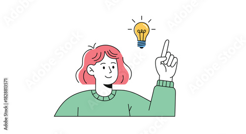 A person with pink hair and a green sweater points at a glowing lightbulb above their head, symbolizing a sudden idea or inspiration.