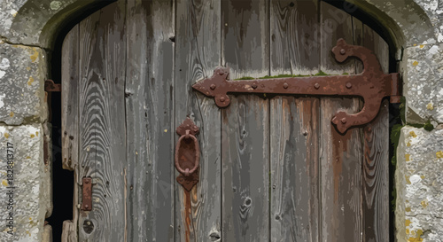 Rustic wooden door with aged iron hardware in a weathered stone archway entrance