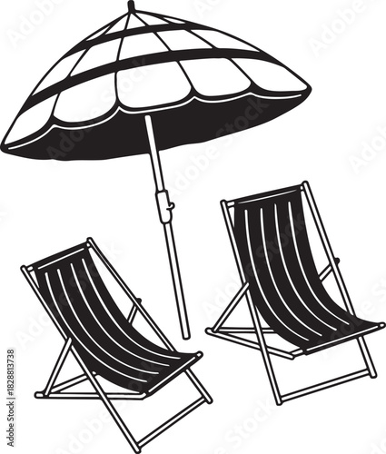 Hand drawn beach shears with umbrella. Doodle vector vintage sunbed illustration. Pool, hotel resort, lounge outdoor furniture. Sun shadow seat with parasol black and white background
