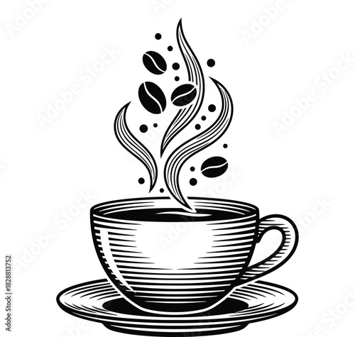 Illustration of a cup of coffee with steam and coffee beans