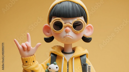 Stylish girl in yellow shows a hand sign with a serious, confident face