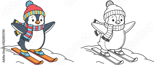 Cute cartoon penguin skiing on snow vector illustration with black and white outline for coloring book page for kids. Happy winter animal character wearing warm hat and scarf.