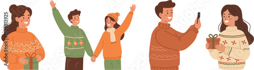 Cozy winter holiday moments with cheerful people in warm sweaters exchanging gifts, celebrating together, and taking photos. Festive seasonal lifestyle illustration