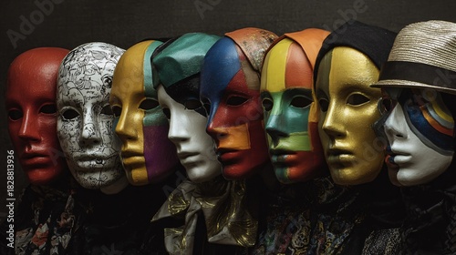 A row of vivid theatrical masks suggests many hidden identities in dramatic light.