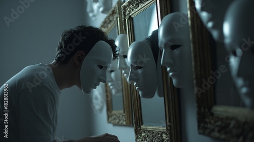 Masked figure leans toward a wall of blank faces framed like mirrors