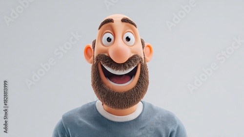 Cheerful 3D bearded man smiles widely against a clean light background