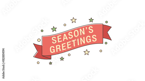 A festive red banner with the words "SEASON'S GREETINGS" written in white, surrounded by small stars and dots.