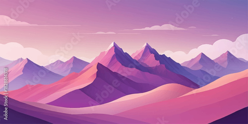 layered abstract mountains in warm terracotta, deep violet, and pink gradients, smooth curved ridges, open sky, clean vector depth”