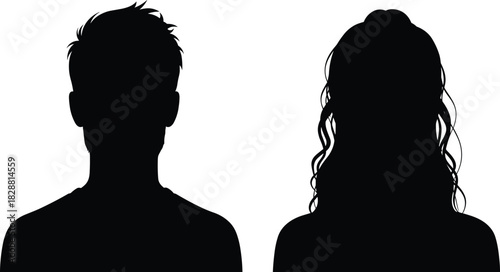 Silhouette of man and woman side by side, isolated profile figures, black outline portraits, human characters, minimal contrast design illustration