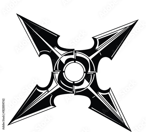 Stylized throwing star or shuriken in black and white illustration