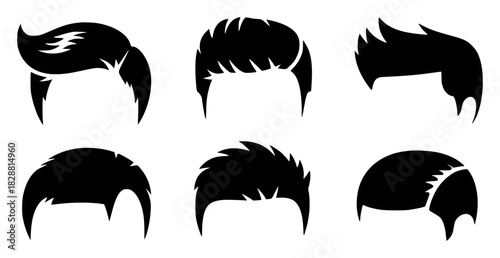 Collection of Six Black Silhouettes of Men's Hairstyles on White Background