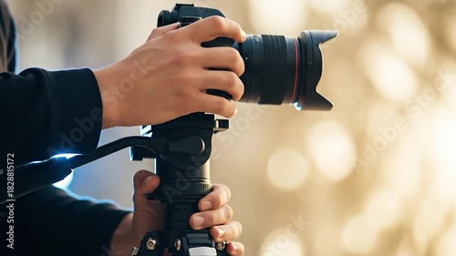 Hands adjusting digital camera lens on tripod for photography and videography equipment setup