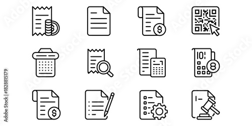 Collection of linear finance and accounting icons for business and commercial themes showcasing documents and financial data