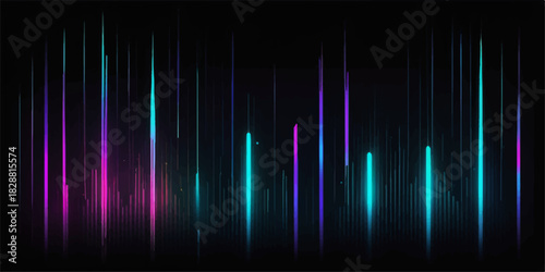 Colorful digital sound wave abstract illustration with rainbow glow and frequency spectrum graph on a black backdrop