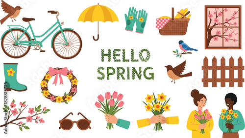 Hello Spring Vector Element Collection Featuring Bicycle, Umbrella, Flowers, Picnic Basket, Garden Tools, Wreath, and People Holding Bouquets for Seasonal Design