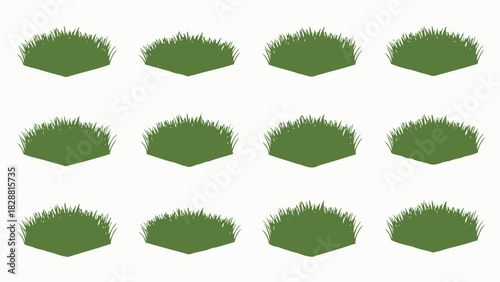 Isometric green grass tufts seamless pattern on white background