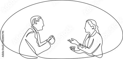 One Line Job Interview - Minimal Continuous Drawing of Recruiter and Candidate at Table