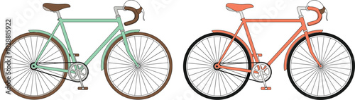 Set of Retro Vintage Road Bicycle Vector Illustration Featuring Classic Cruiser Bikes in Mint Green and Coral Color for Outdoor Transportation Design