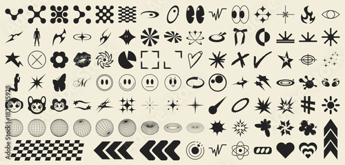 Collection of Y2K elements. Trendy geometric forms of brutalism. Fashionable retro futuristic objects. Vector set	