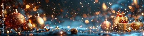 Panoramic Golden Christmas Ornaments and Gifts Bokeh Lights