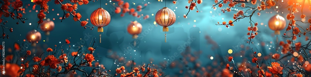 Fototapeta premium Panoramic Chinese New Year Celebration with Lanterns and Blooming Cherry Blossoms