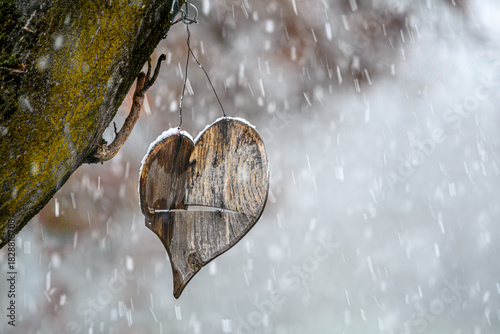 cuore spezzato 01- neve e gelo attorno al cuore di legno spezzato appeso all'albero