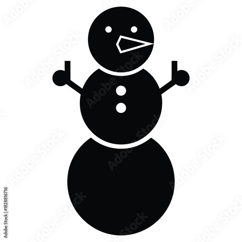 Simple Christmas black silhouette of a snowman with buttons and a carrot nose on a white background winter character