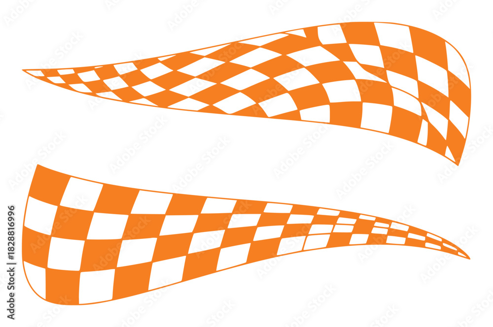 Obraz premium Two Wavy Orange and White Checkered Flags on a White Background
