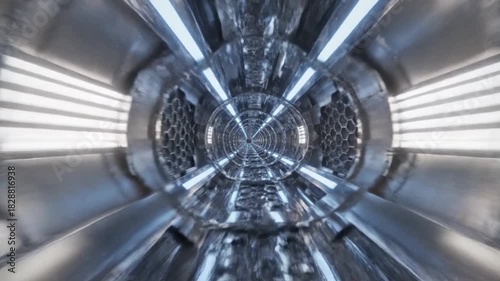 Futuristic metallic tunnel with luminous light effects creating a mesmerizing visual journey, perfect for sci-fi and abstract themes
