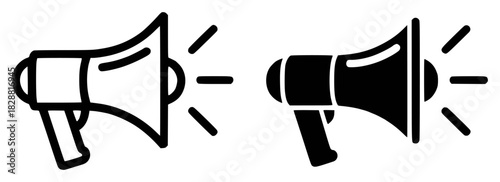 Two Megaphone Icons: Outline and Solid Black, Representing Sound and Announcement