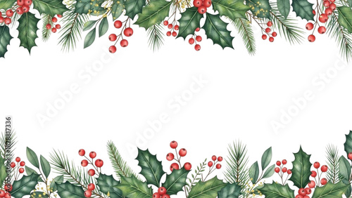 Watercolor Christmas Holly Leaves and Pine Border Frame with Red Berries Festive Garland Illustration