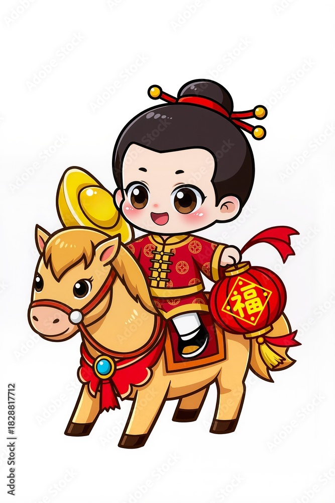 Naklejka premium Chibi New Year mascot or God of Wealth holding a big gold ingot, riding a pony, isolated on a clean white background.