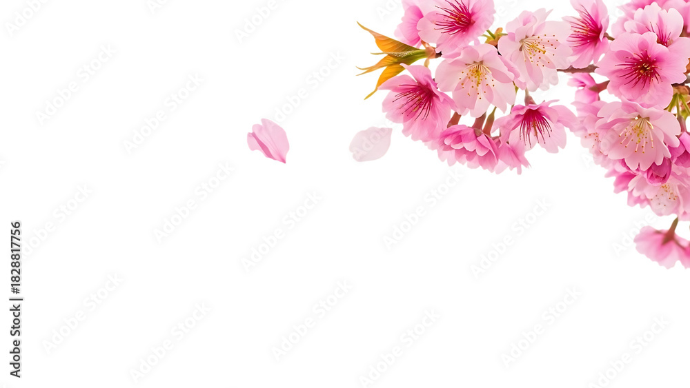 Obraz premium Delicate pink cherry blossom branch with falling petals isolated on transparent background