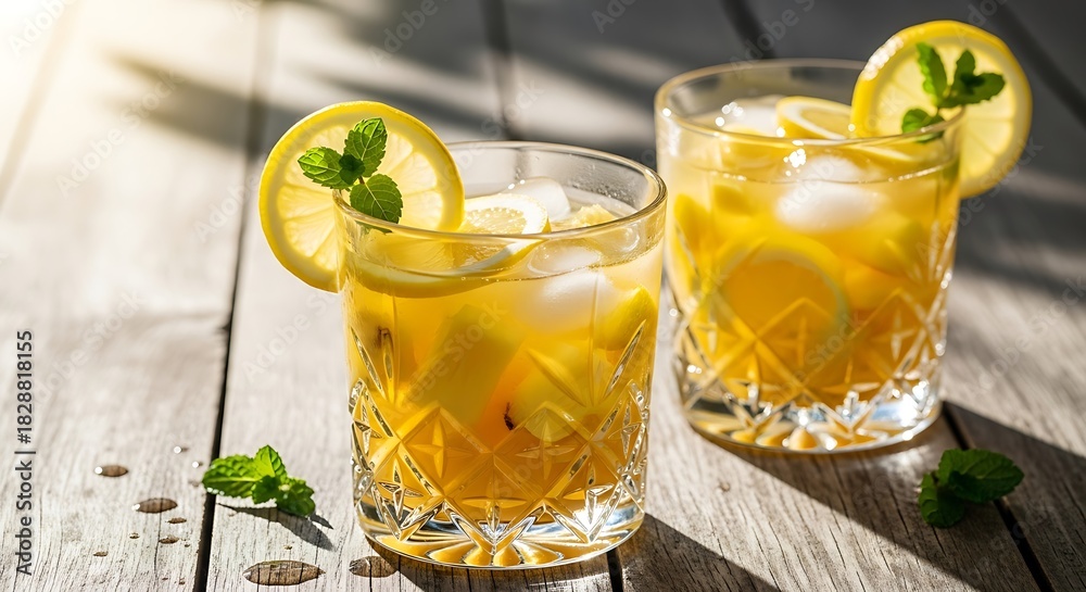 Fototapeta premium Refreshing Iced Tea with Lemon and Mint on a Wooden Table.