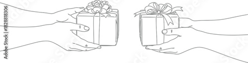 Hands exchanging gifts in a line art illustration for holiday or birthday giving