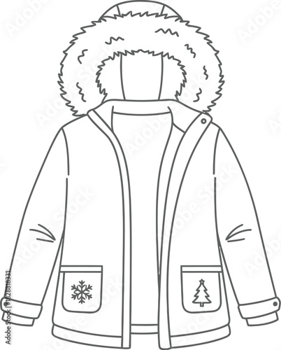 Winter coat outline with fur hood and pockets featuring seasonal designs drawn