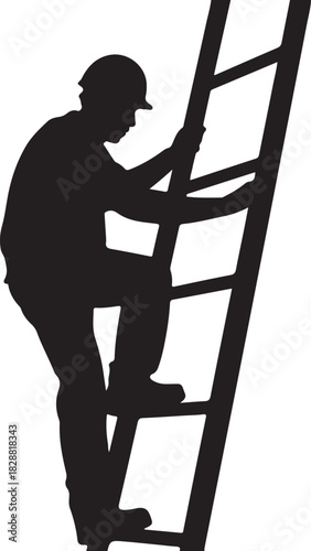 Construction worker silhouette climbing ladder on white background