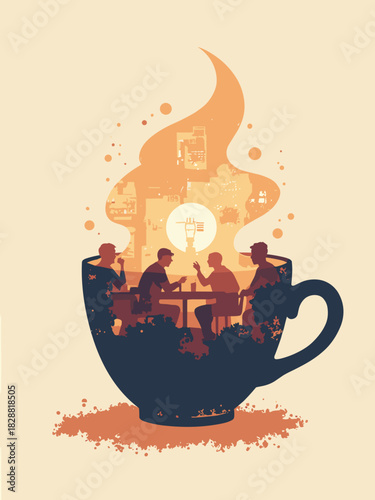 Double exposure silhouette of a coffee cup, inside is a bustling cafe interior, morning energy concept