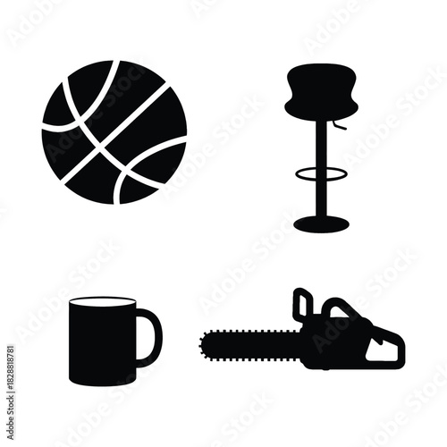 Collection of four black silhouette icons including a basketball bar stool mug and chainsaw Keywords: basketball