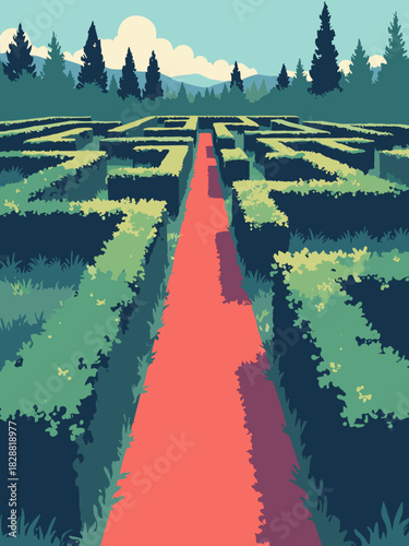 Surreal maze made of high hedges, with a red carpet leading straight through it, shortcut solution concept