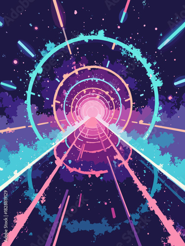 Neon geometric tunnel (wormhole), speeding through lights, synthwave retro grid, 3d abstract background