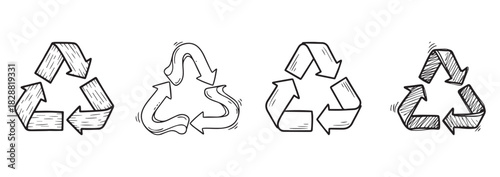 Hand Drawn Doodle Recycle Symbol Vector Set