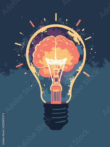 Double exposure silhouette of a lightbulb, inside is a vibrant brain glowing with ideas, creativity concept