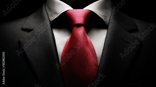 A man in a black suit and red tie against a black background.
