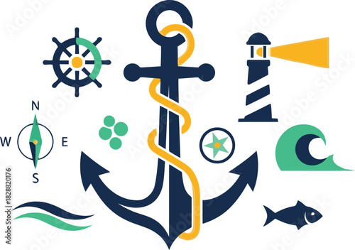 Vintage Nautical Symbols: Guidance, Protection, and Sea Exploration, A Collection of Classic Marine Icons Including Anchor, Lighthouse, and Compass